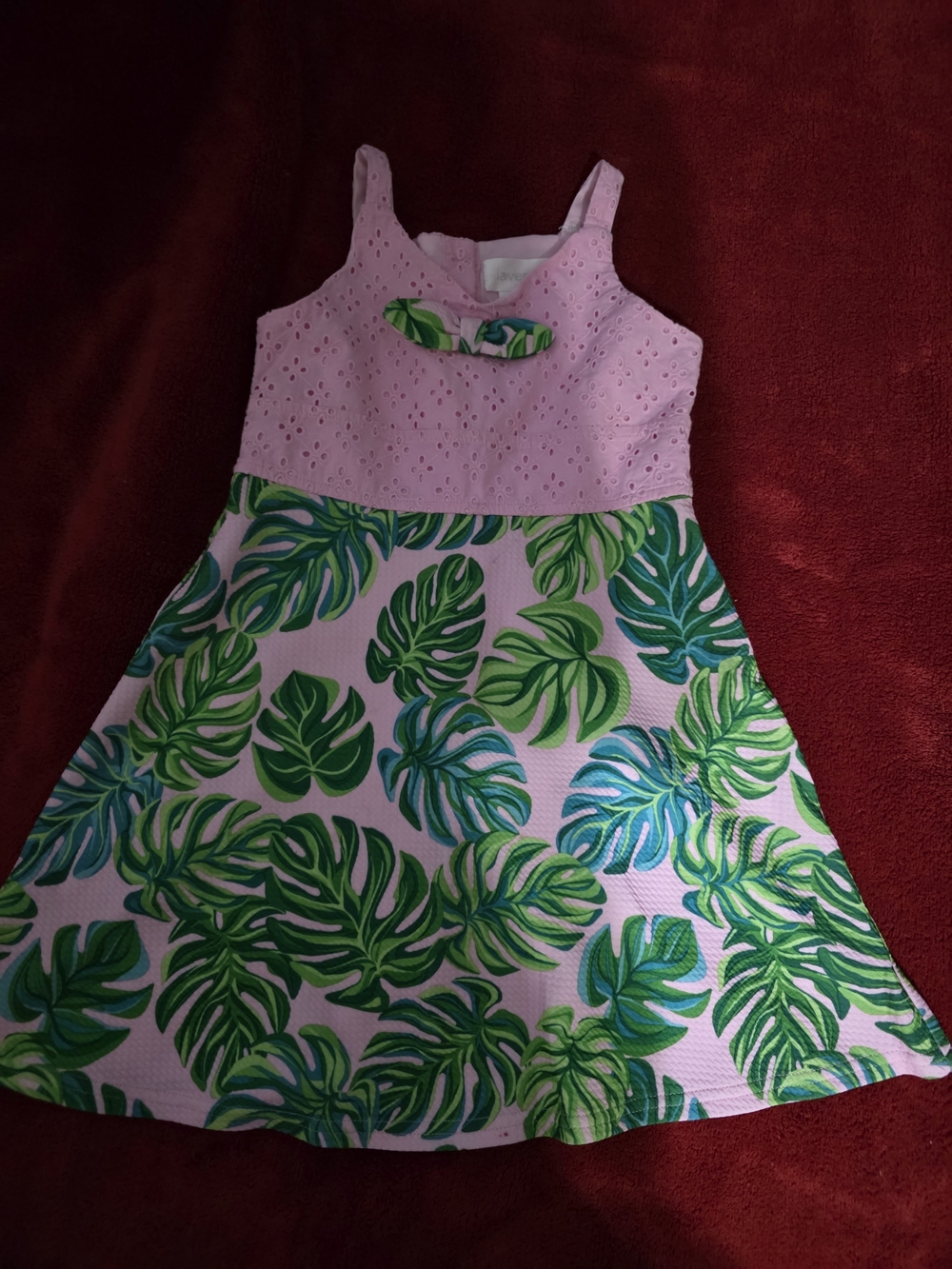 Girls Pink Eyelet Dress with Green Tropical Leaf Print